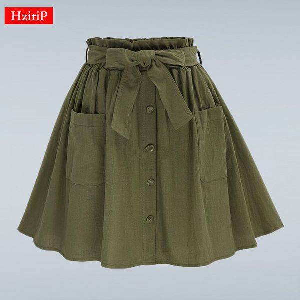 

hzirip women skirts vintage high waist pocket solid bow belt midi skirt new arrival summer europe army green girls skirt faldas, Black;gray