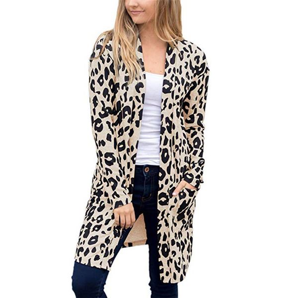 

leopard printed cardigan women fashion long sleeve pocket coat blouse, Tan;black