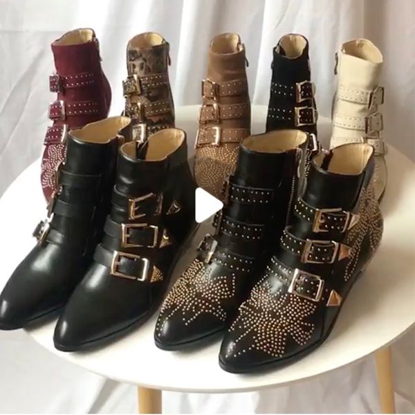 

luxury susanna studded buckle ankle boots for women martin winter boot genuine leather suede designer boots chunky heel combat boots, Black