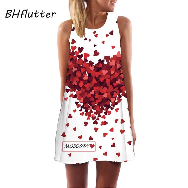 

BHflutter Vestidos 2018 New Style Summer Dress Sleeveless Hearts Print Casual Women Dress Above Knee Women Short Beach Dresses