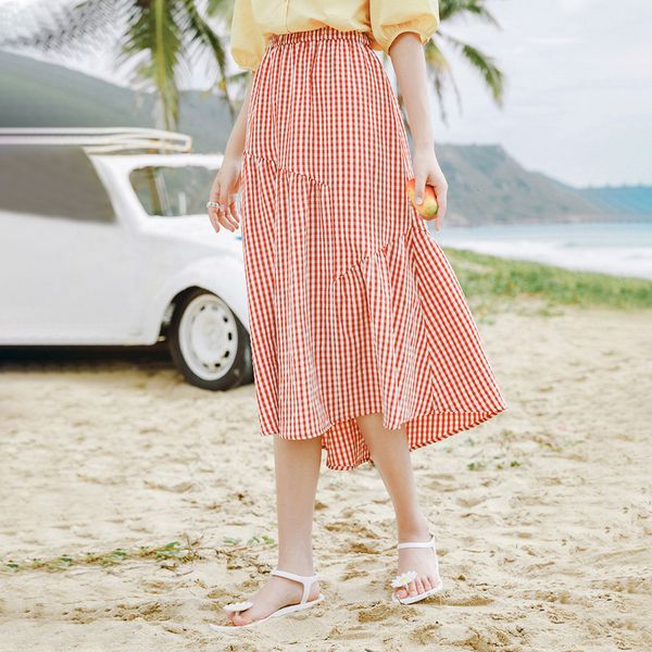 

inman 2020 summer new arriavl elastic waist literary irregular splicing a-line plaid skirt, Black