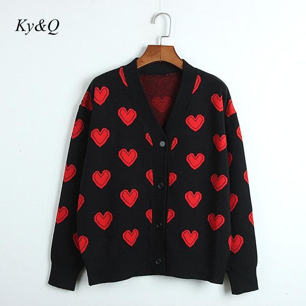 

women's knits & tees 2021 spring brand desigan women loose v-neck knit cardigan love jacquard single breasted long sleeve sweater jacke, White