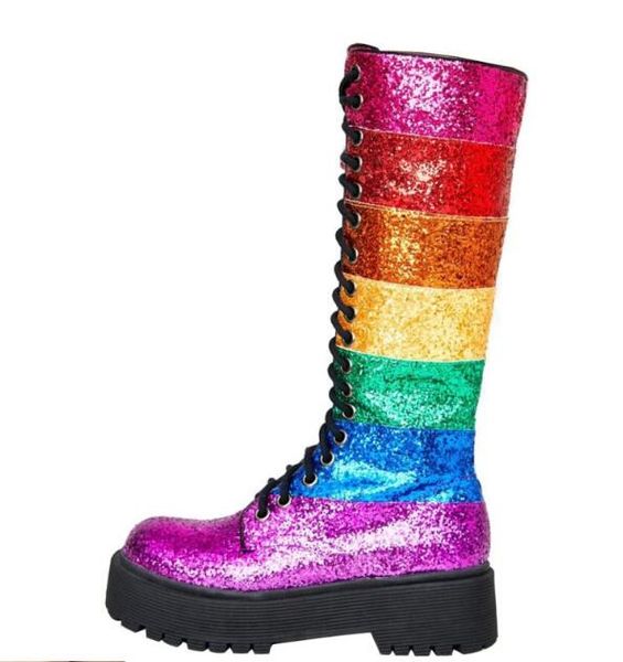 

INS blingbling rainbow sequins woman platform flat knee high boots lace up long flat boots rainbow sequins lace up boots woman