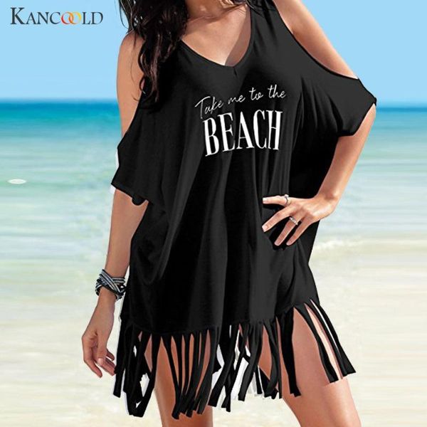 

kancoold printed letter beach tunic summer cover-up women swimsuit with tasseled bikini swimming beach dress solid mujer bathing
