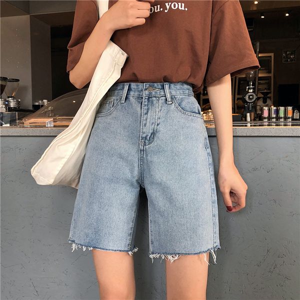 

2019 summer high waist denim shorts women casual loose ladies fashion roll up hem elastic waist pocket blue jeans female, White;black