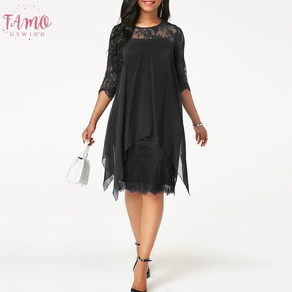 

plus size chiffon dresses women new fashion chiffon overlay three quarter sleeve stitching irregular hem lace dress, Black;gray