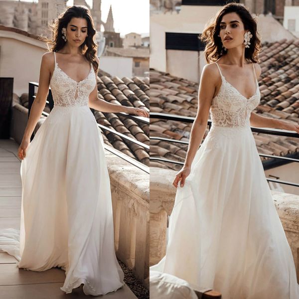 2020 Lace Spaghetti vestido de casamento V Simples Neck cintura império vestido de noiva até o chão Casamento Chiffon Abito Da Sposa