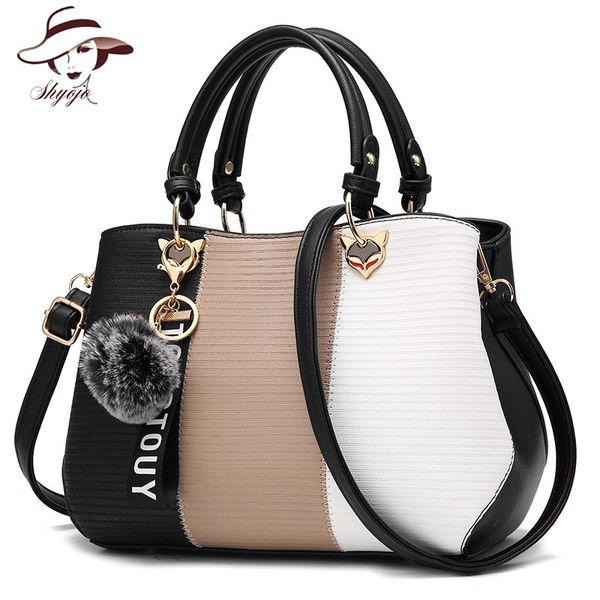 

women handle messenger bag patchwork fashion pu leather handbag female crossbody bags tassel casual tote with fur ball