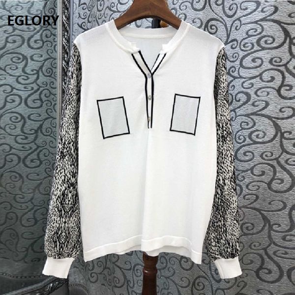 

latest designer women sweaters 2019 autumn knitted jumpers ladies v-neck wild leopard print patchwork casual pullovers, White;black