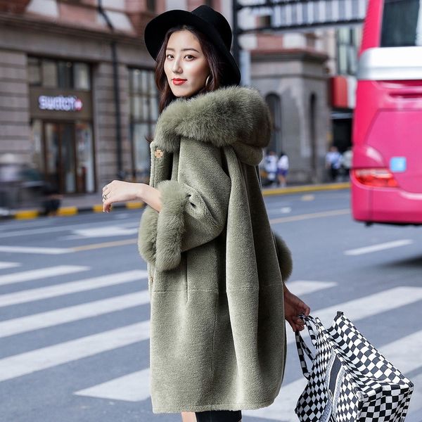 

women coat winter real hooded korean sheep shearing wool fur jacket long elegant clothes winterjas dames f2860 j4287, Black