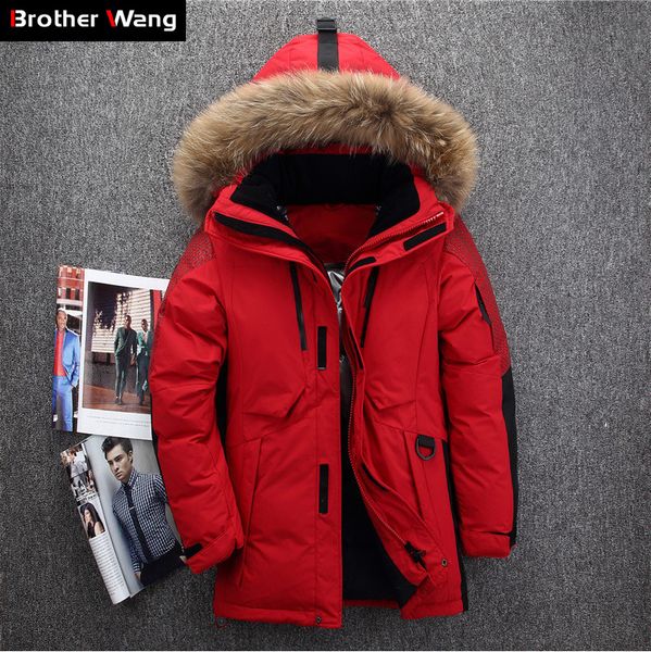 

men's white duck down jacket 2019 winter new big fur collar hooded thick warm long coat male brand clothing red gray armygreen, Black