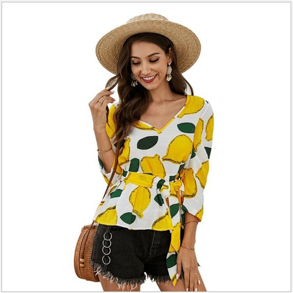

fashion women blouse printed 3/4 sleeve blouse shirt new 2020 summer ladies v neck office work shirts blusa mujer r676, White