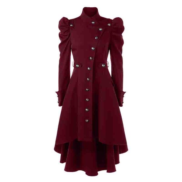 

women winter puff shoulder button up dip hem trench coat stand-up collar high waist outerwear renaissance vintage gothic coat, Tan;black