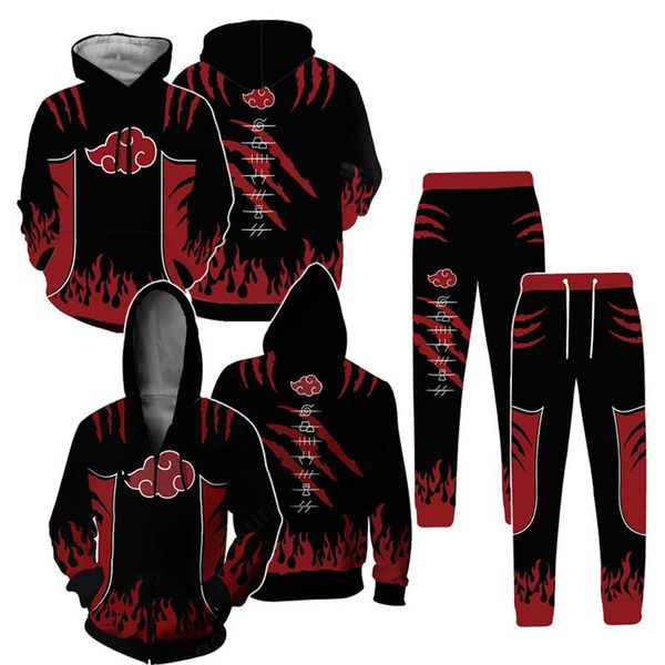 

anime naruto uchiha itachi 3d print hoodies pants set men's casual pullover sweatshirt zipper coat jacket hiphop hooded costume, Black