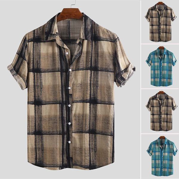 

2019 vintage plaid shirt men short sleeve lapel neck button breathable vacation men casual brand shirts hawaiian beach blouse, White;black