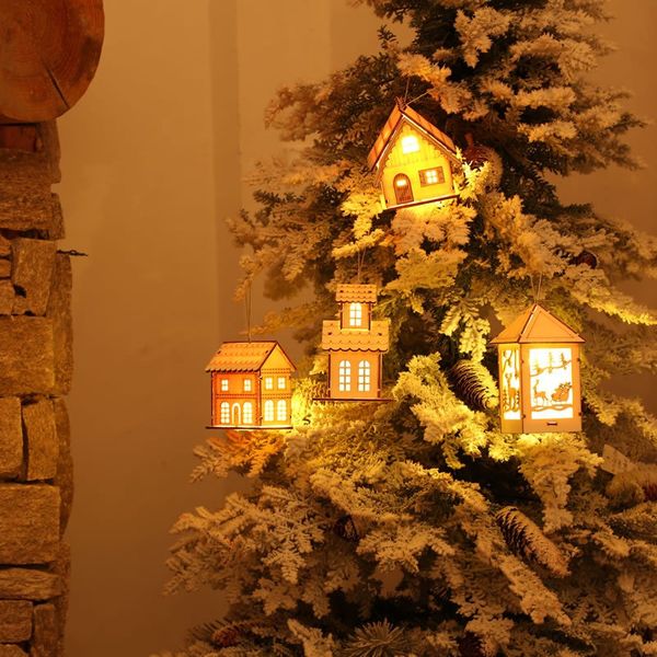 

warm white luminous dual-layer led wooden house christmas decorative hanging ornaments