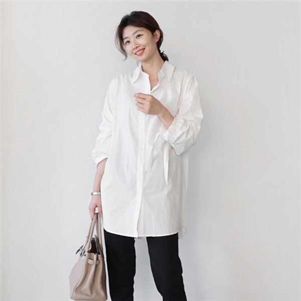 

2020 spring white pleated long womens blouses new casual turn-down collar loose female shirts
