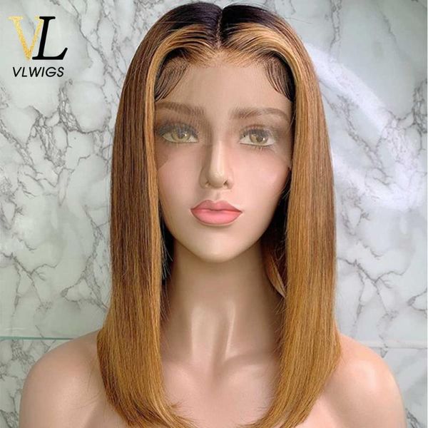 

vlwigs ombre brazilian virgin human hair full lace wig 1b/27 remy bob straight deep part human hair wigs with baby vl54, Black;brown