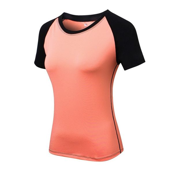 

women yoga skinny short sleeve fitness running sports quick dry elastic color matching round neck t-shirt, Black;red