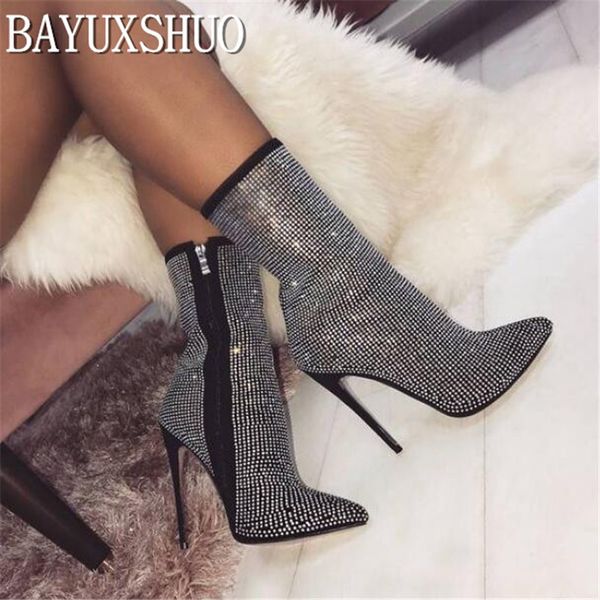 

bayuxshuo women ankle boots roman high heels luxury diamond stiletto booties fashion brand design ladies party shoes woman, Black