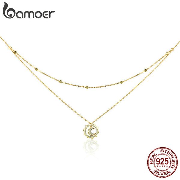 

bamoer vintage 925 sterling silver sun moon shape double layers choker necklaces pendant for women silver jewelry making scn305
