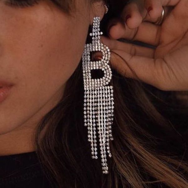 

kmvexo 2020 fashion b letter rhinestone earrings european party bling crystal long drop tassel earrings women girls gifts, Silver