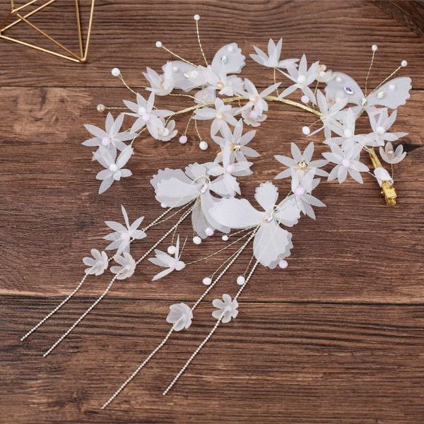 

new girls bridal white yarn butterfly pearl hairpins princess hair clip barrettes headwear hair accessories with earrings set, Golden;white