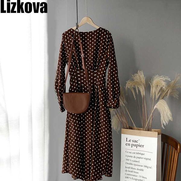 

2020 весна платье женщины dot печати шифоновое платье elegant упругих высокой талией o-образным вырезом фонарь рукав дамы midi, Black;gray