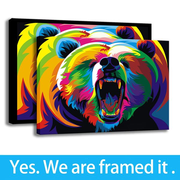 

art canvas colorful bear hd print sofa background oil painting home decor - ready to hang - framed