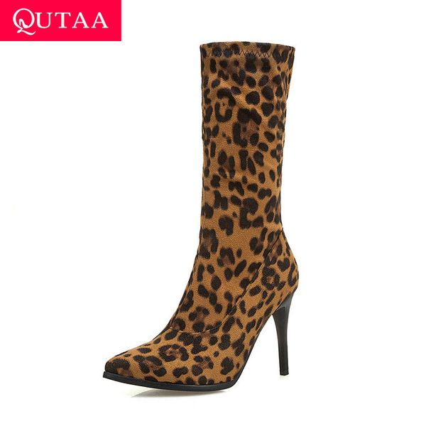 

qutaa 2020 winter women shoes leopard flock pu leather zipper boots pointed toe thin high heel mid calf boots size 34-43, Black