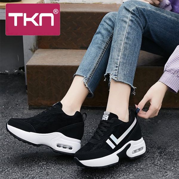 

tkn women autumn platform sneakers shoes for women increased heel flat shoes ladies comfortable leather casual 1299, Black