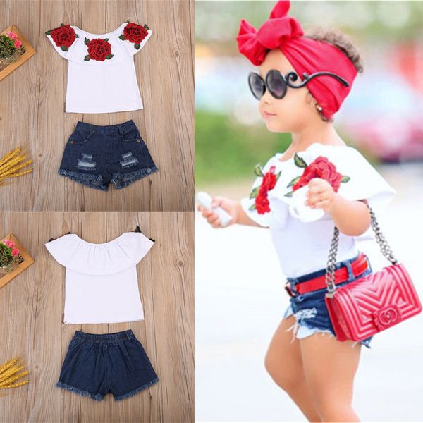 

summer girls t-shirt + pants 2 piece sets baby kids girls clothes kids designer clothes flower sleeveless t-shirt denim hole pants dhl jy120, White