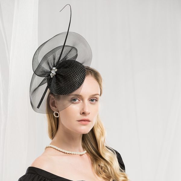 

lady fedoras hats female spring new british eminent party cap women decorate little hats feather yarn mesh hat adjust a36, Blue;gray