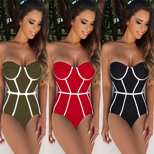 

new ladies one-piece suits striped black push up beach padded bikini bathing off shoulder swimsuit swimwear