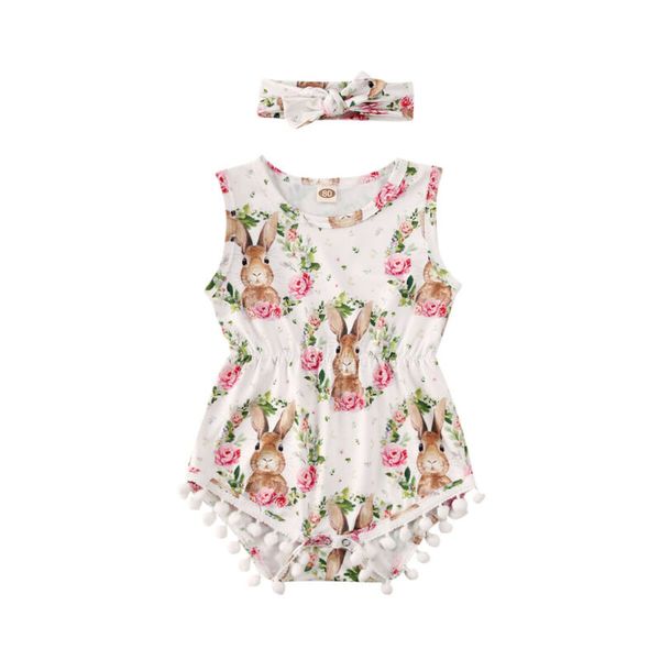 

summer kid baby girls easter bunny bodysuit sleeveless jumpsuit outfit set sunsuit casual clothing, White