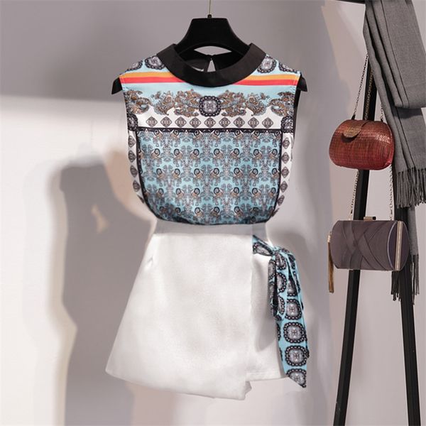 

2018 summer 2 pieces skirts suits vintage printed blouse shirts + irregular skirts set women two piece set, Gray