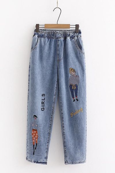 

autumn japanese women sweet pants mori girl letter girls embroidery harajuku elastic waist young girl loose kawaii jeans korean, Blue