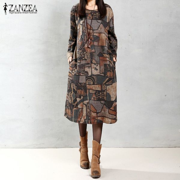 

zanzea women vintage floral printed dresses 2019 autumn elegant casual loose long sleeve o neck mid-calf vestidos plus size 5xl, Black;gray