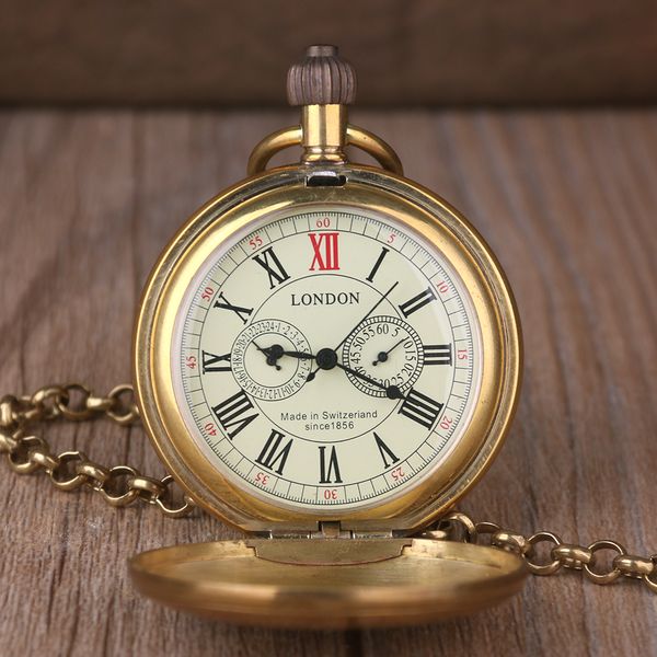 Карманные часы винтажные ретро -медные часы Men Men Alloy London Mechanical с металлической цепью стимпанк римский