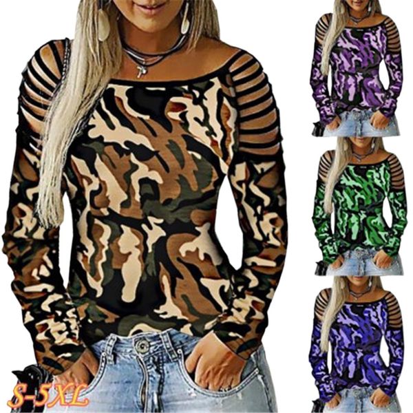 

женская дизайнерская оригинальная камуфляжная печать без бретелек ремень с длинным рукавом большой размер футболки топ, White