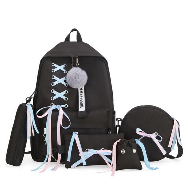 

loozykit 5pcs/set school bag for teenage solid backpack schoolbag women student bag lace bow bundle backpack drop shipping