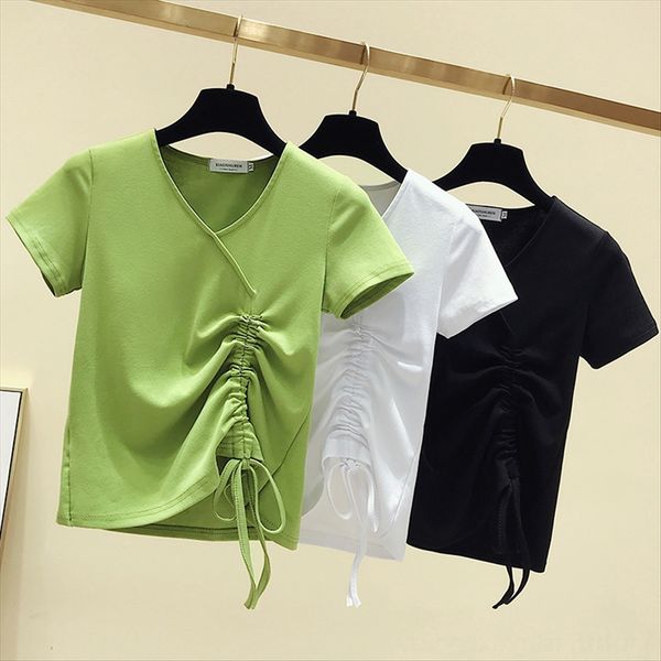 

avocado green 2019v collar side drawstring design women's sleeve avocado green 2019v collar side drawstring design short t-shirt t-s, White