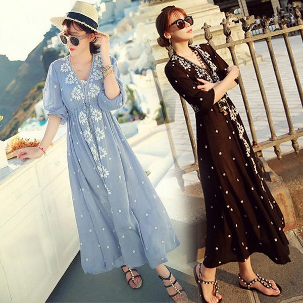 

2018 women v neck bohemian dress for pregnant women maternity dress for pregnancy clothes cotton embroidery, White