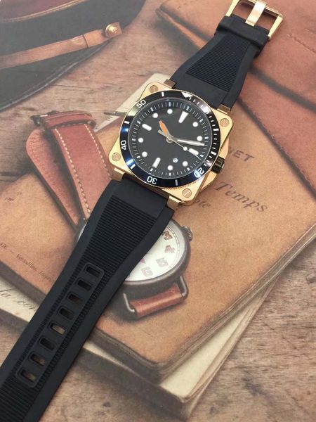 

great square gold case military avaition large mens wristwatches outdoor black dial automatic 46mm men watches watch with black rubber strap, Slivery;brown