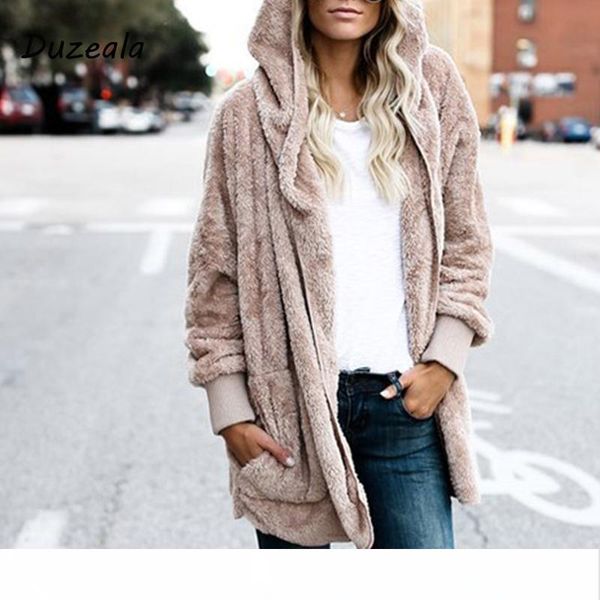 

new fashion spring faux fur warm winter coats on both sides jacket women open stitch hooded coat female long sleeve fuzzy jacket, Black;brown