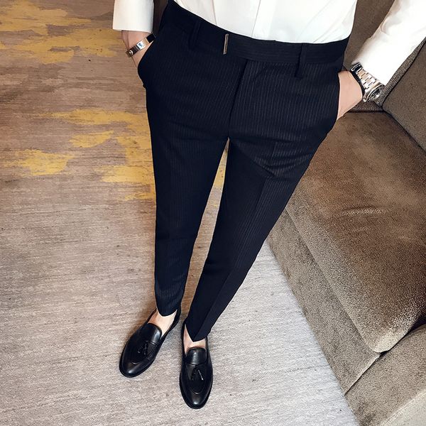 

2019 new fashion boutique striped casual mens business suit pants / male slim black grey casual trousers, White;black