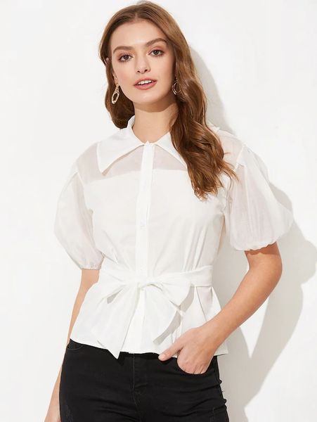 

summer new organza puff sleeve short sleeve shirt, White