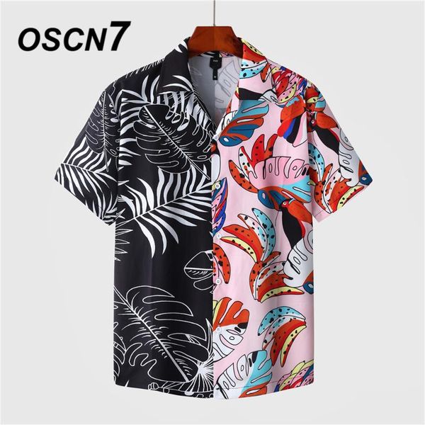 

oscn7 casual splice printed short sleeve shirt men street 2020 hawaii beach oversize women fashion harujuku shirts for men mx001, White;black