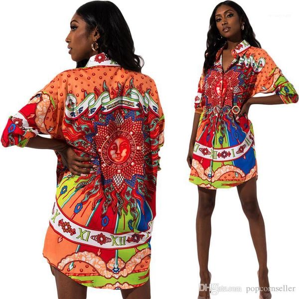 

style printing lapel neck long sleeve blouse dresses womens dress eu women designer dresses african ethnic, Black;gray