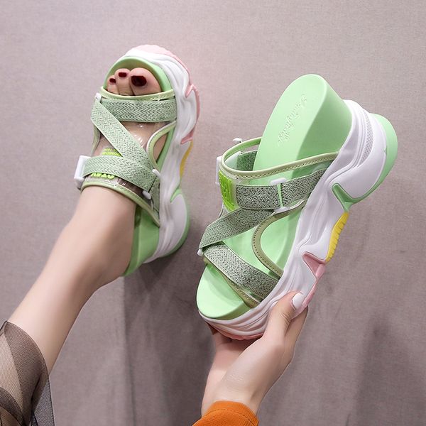 

new summer women slippers 2020 high platform wedges sandals 10cm heels outside flip-flops fashion colorful women white sneakers, Black